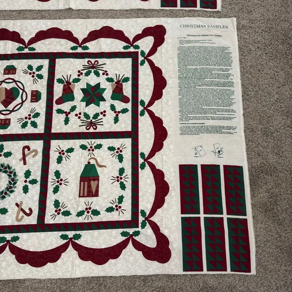 Vtg Wamsutta Christmas Sampler Fabric Panel Cheater Quilt Wall Hanging Uncut 2PC